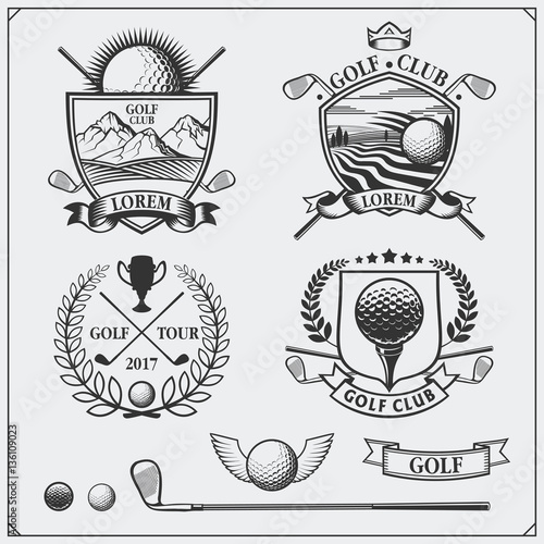 Set of vintage golf labels, badges, emblems and design elements. Monochrome design.