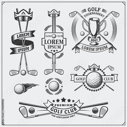 Set of vintage golf labels, badges, emblems and design elements. Monochrome design.