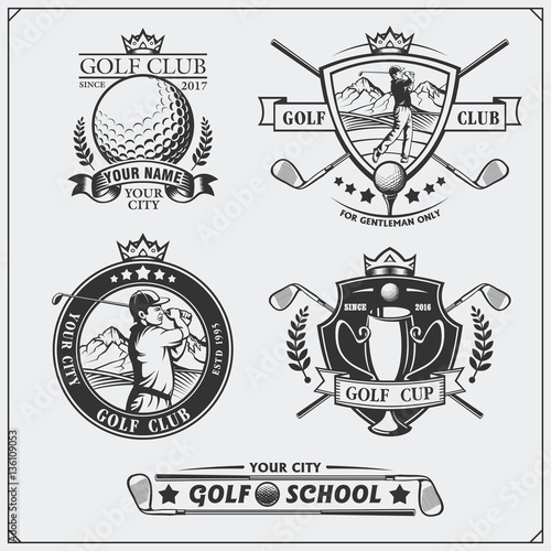 Set of vintage golf labels, badges, emblems and design elements. Monochrome design.
