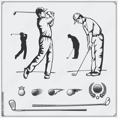 Vector set of golf players and golf elements.