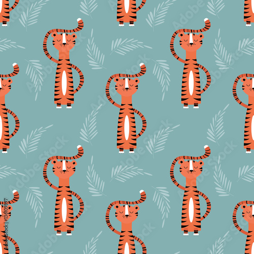 Fototapeta Naklejka Na Ścianę i Meble -  Seamless pattern with cute jungle orange tiger on blue background