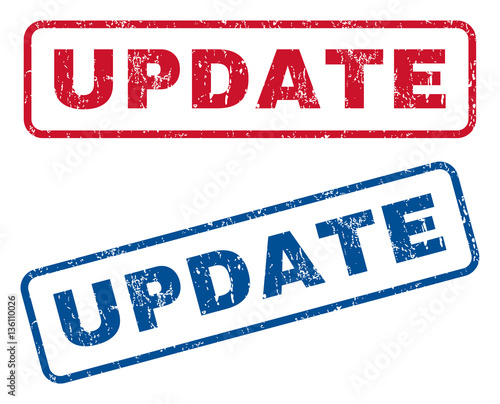 Update text rubber seal stamp watermarks. Vector style is blue and red ink tag inside rounded rectangular banner. Grunge design and scratched texture. Blue and red signs.