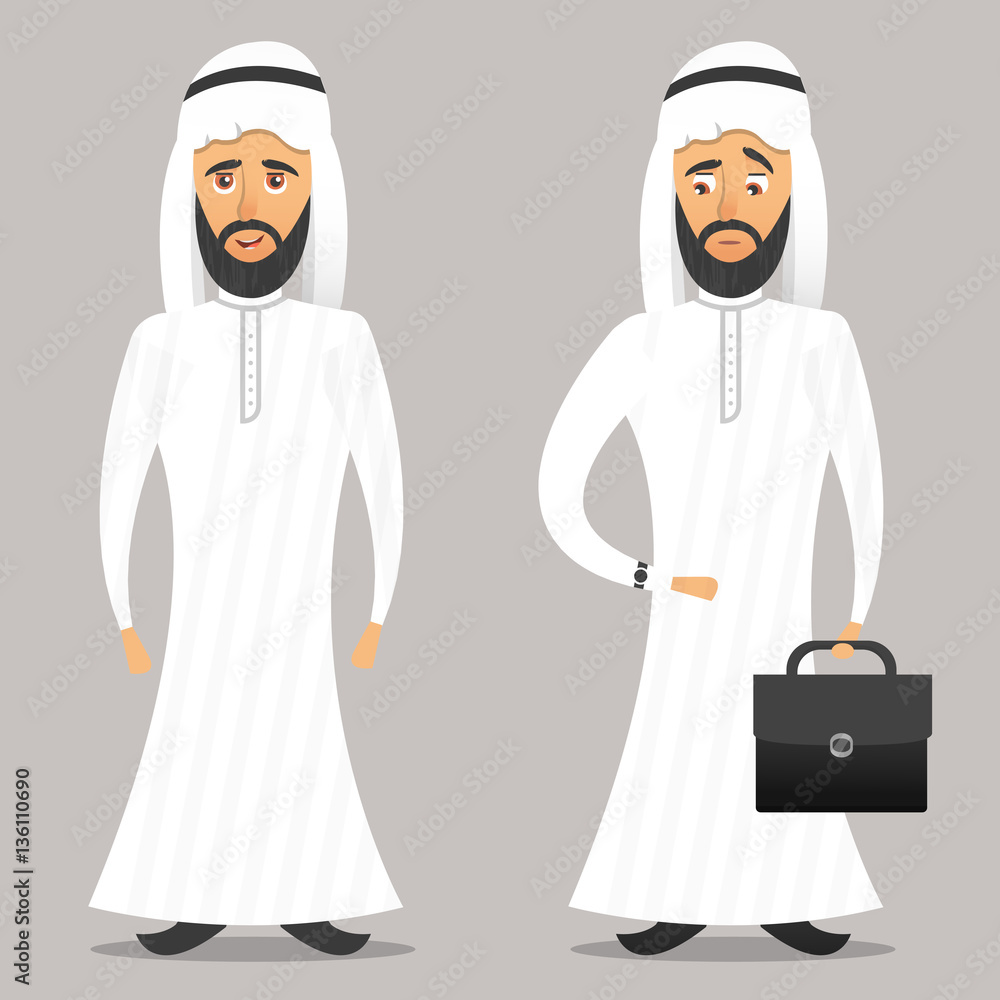Vector cartoon arab businessman character on the gray background.