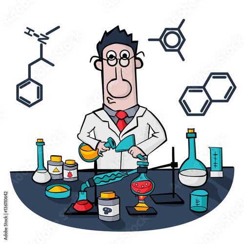 Chemist work in a laboratory. Professor conducts synthesis with
