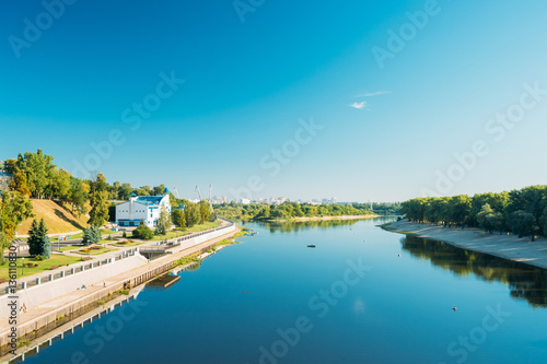 Promenade Near Sozh River In City Park At Summer Sunny Day In Gomel