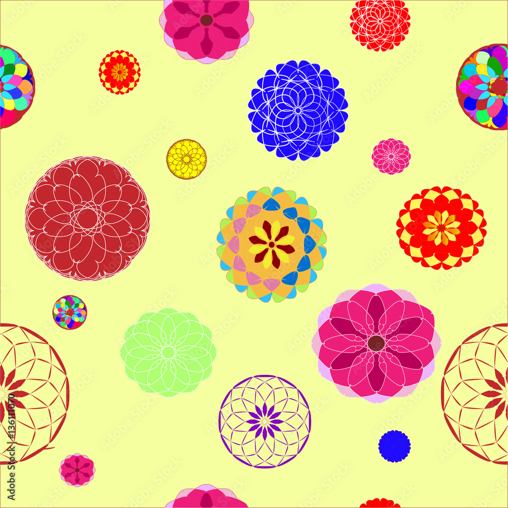 Balls with colorful designs on the delicate yellow background