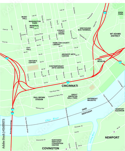 Cincinnati Downtown Map with Streets