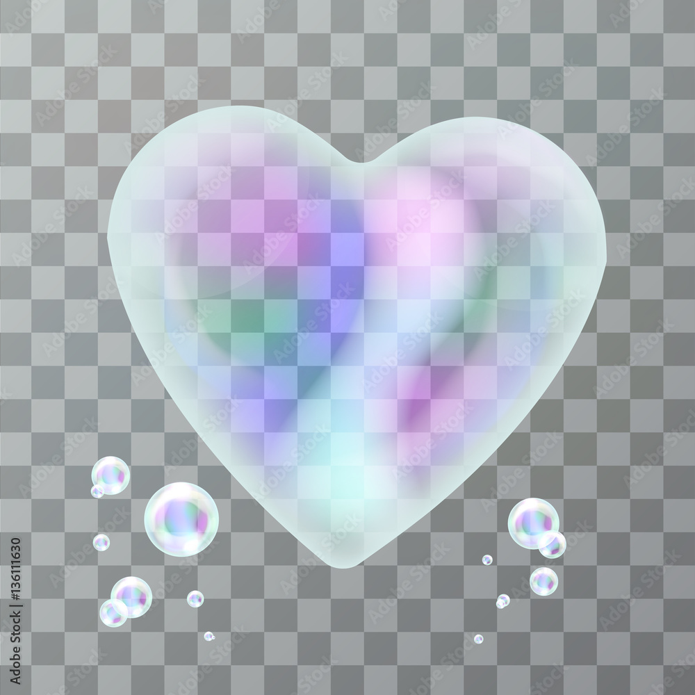 Vector realistic heart-shaped soap bubble on the transparent background