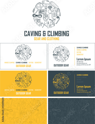 Vector outdoor gear visiting card. Business card set with abstract seamless background pattern. Corporate identity template with caving and climbing line icons logo.