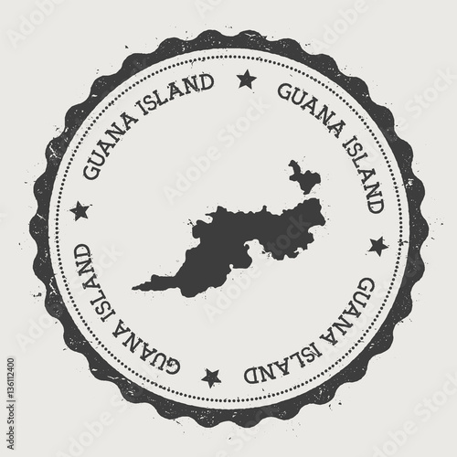 Guana Island sticker. Hipster round rubber stamp with island map. Vintage passport sign with circular text and stars, vector illustration.