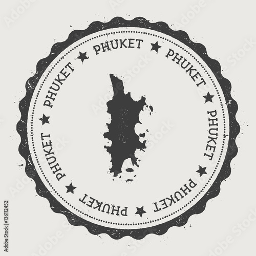 Phuket sticker. Hipster round rubber stamp with island map. Vintage passport sign with circular text and stars, vector illustration.