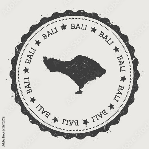 Hipster round rubber stamp featuring a vintage map of Bali, Indonesia, surrounded by circular text and stars, ideal for travel enthusiasts.