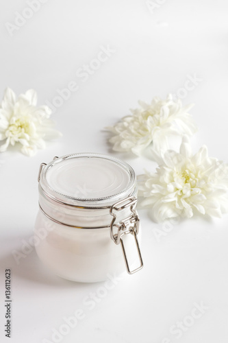 natural organic cosmetics with herbs for baby on white background