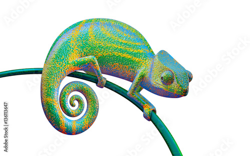 Bright green chameleon on a branch, 3d rendering.