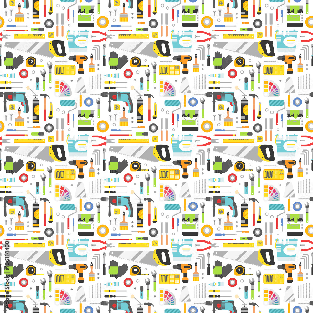 Construction tools vector icons seamless pattern.