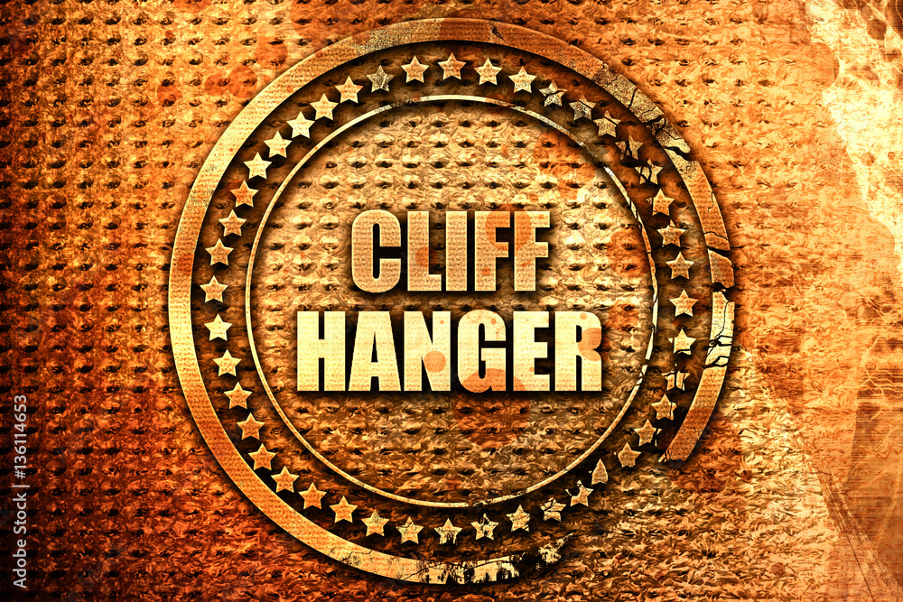 cliff hanger, 3D rendering, text on metal