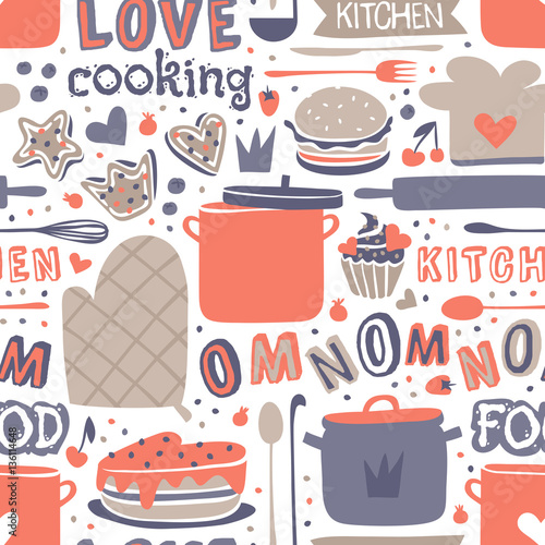 Cooking seamless pattern retro style with kitchen and baking items vector.