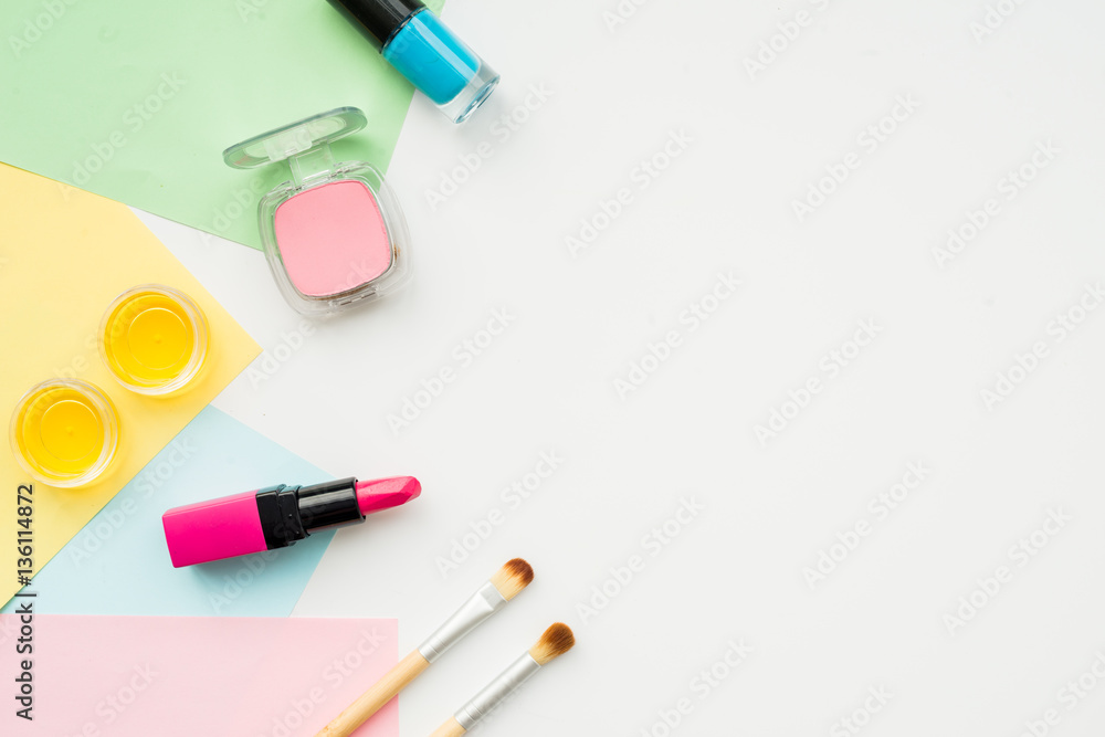 decorative cosmetics on white background top view decorative cosmetics on white background top view