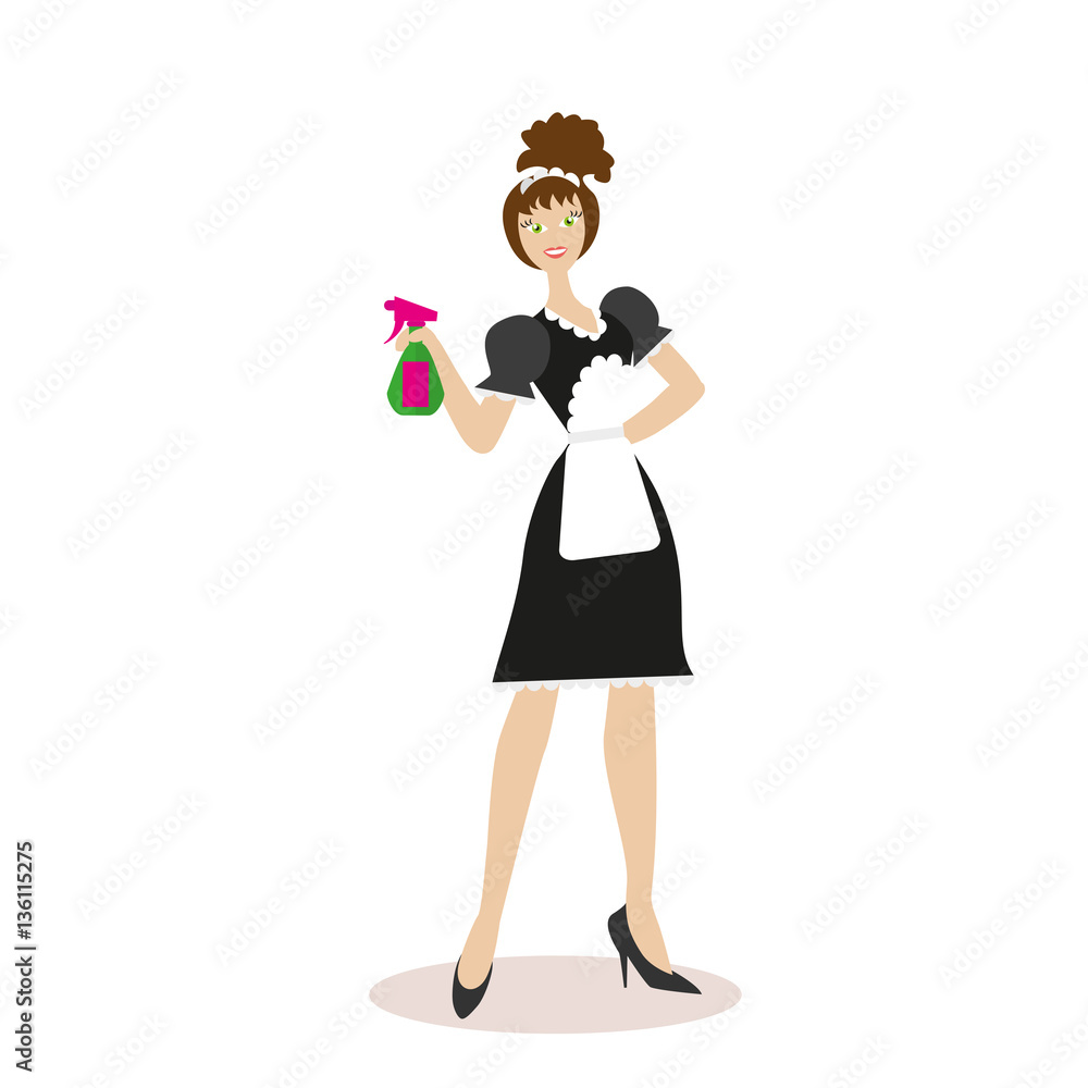 Housekeeper in working clothes isolated on white background. Flat character isolated on white background. Vector, illustration EPS10. Housekeeper in working clothes isolated on white background. Flat character isolated on white background. Vector, illustration EPS10.