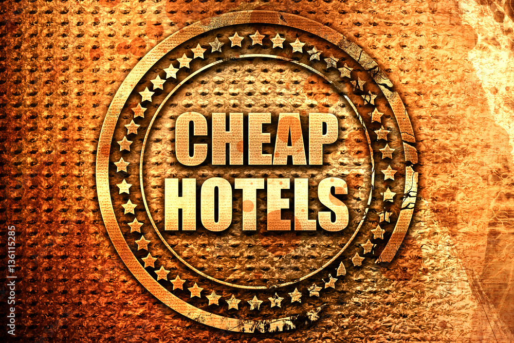 cheap hotels, 3D rendering, text on metal