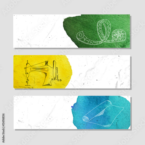 Fashion and sewing. Set of white paper banner templates horizontal business banner. Banner corporate identity, website, banner design. Hand drawn layout background. Vector