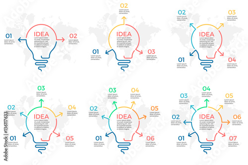 Business infographics. Light bulb elements with 2-7 steps, arrows.