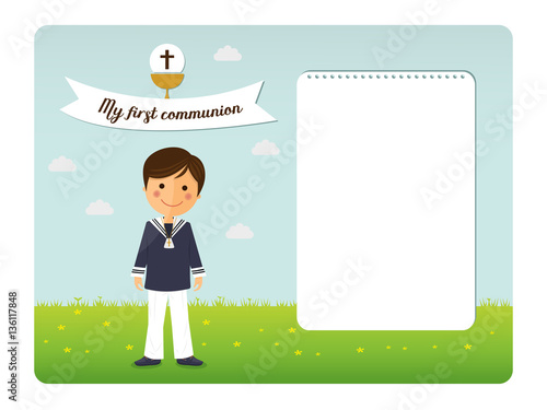 First communion child invitation on blue sky background