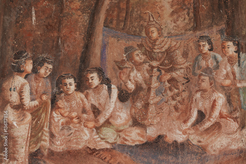 Old painting depicting the birth of Gautama Buddha 