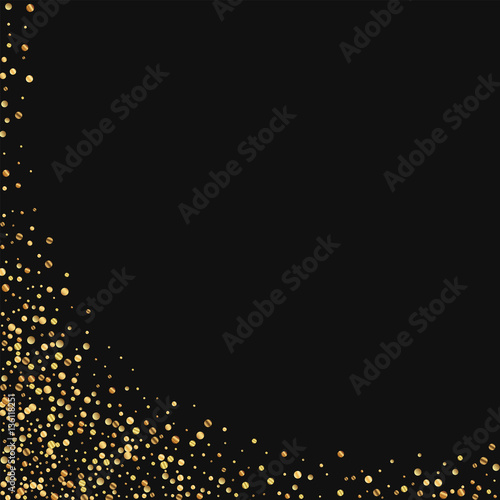 Gold confetti. Abstract left bottom corner on black background. Vector illustration.