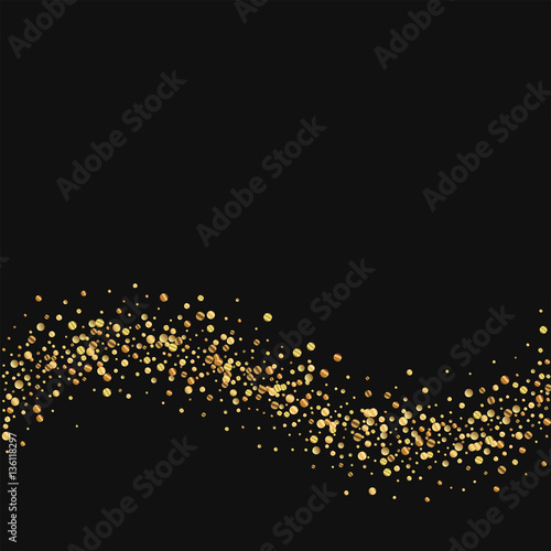 Gold confetti. Bottom wave on black background. Vector illustration.