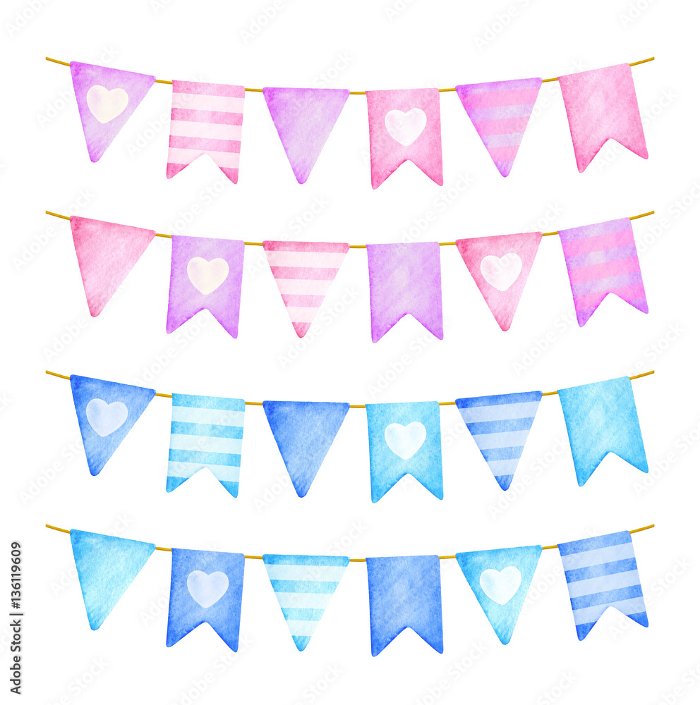 Pink and blue flags garland. Birthday celebration. Watercolor illustration