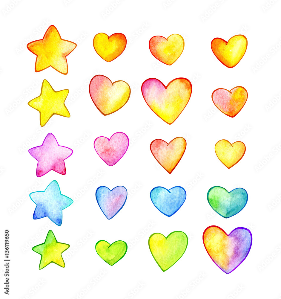 Multicolor Hearts and Stars. Funny cartoon hearts. Watercolor illustration