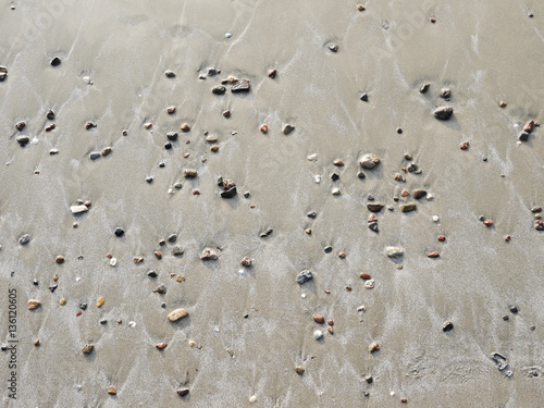 Sea stones and shell on sand beach texture under the surface