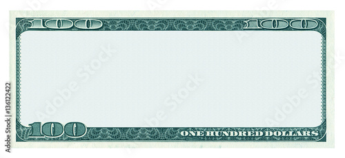 Blank 100 dollar banknote pattern isolated on white background