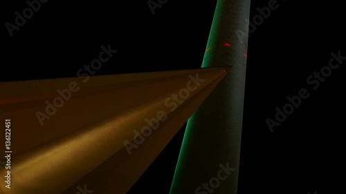 Berlin TV Tower Pillar with Lightshow, Berlin TV Tower Fernsehturm at Night, Light Projection Festival of Lights. Detail tower and roof element of the base with colorful, red, pink and blue lightshow. photo