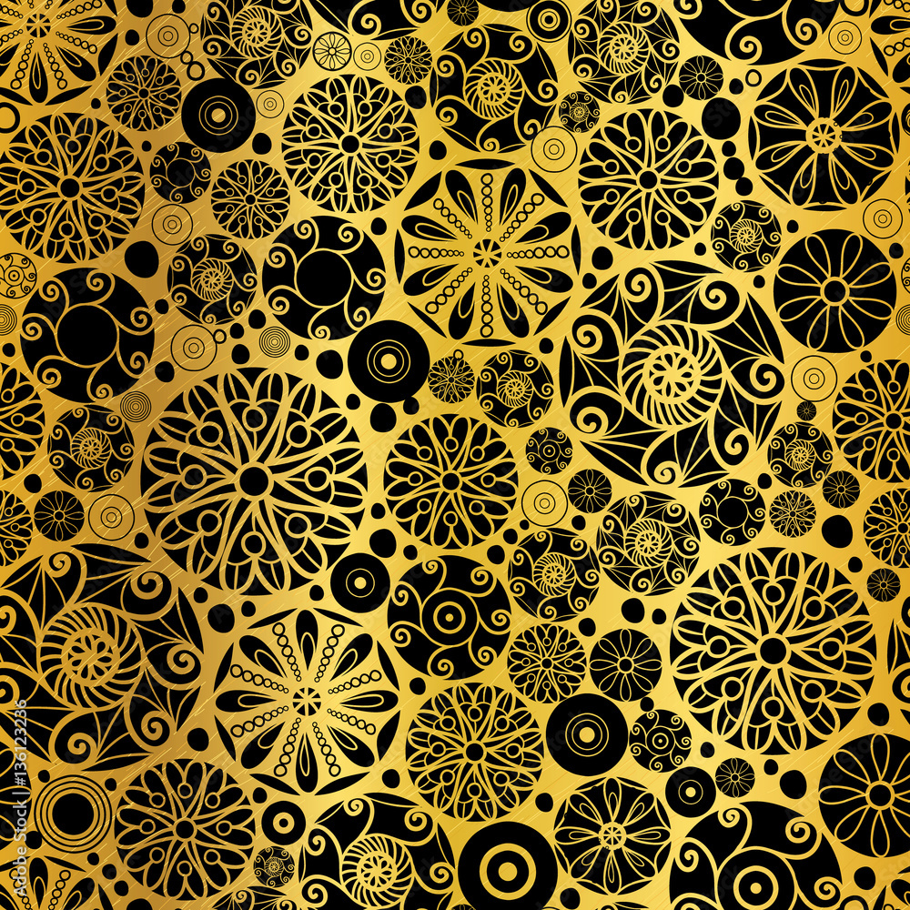 Vector Black Gold Abstract Doodle Circles Seamless Pattern Background ...