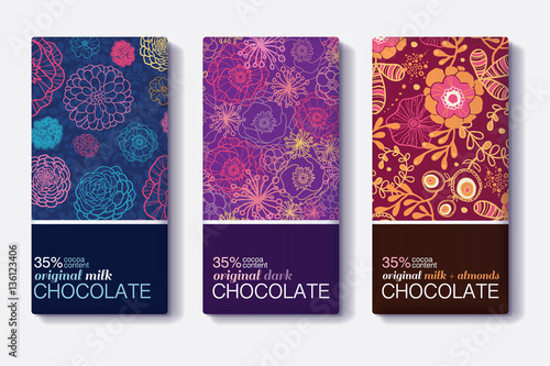 Vector Set Of Chocolate Bar Package Designs With Colorful Floral Patterns. Milk, Dark, Almond. Editable Packaging Template Collection.