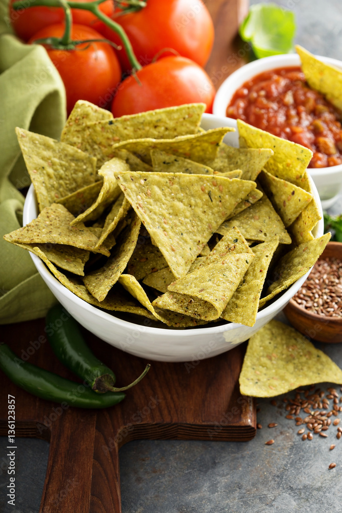 Healthy corn tortilla chips with spinach and flax seeds Healthy corn tortilla chips with spinach and flax seeds