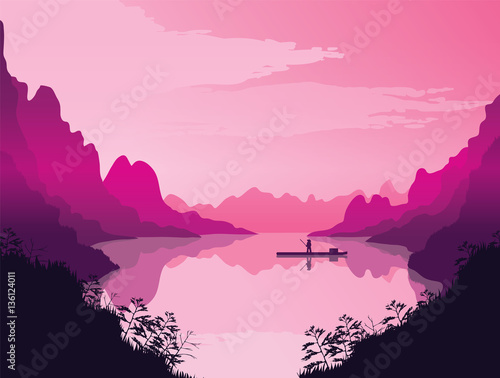 Background of landscape with river and mountains. 