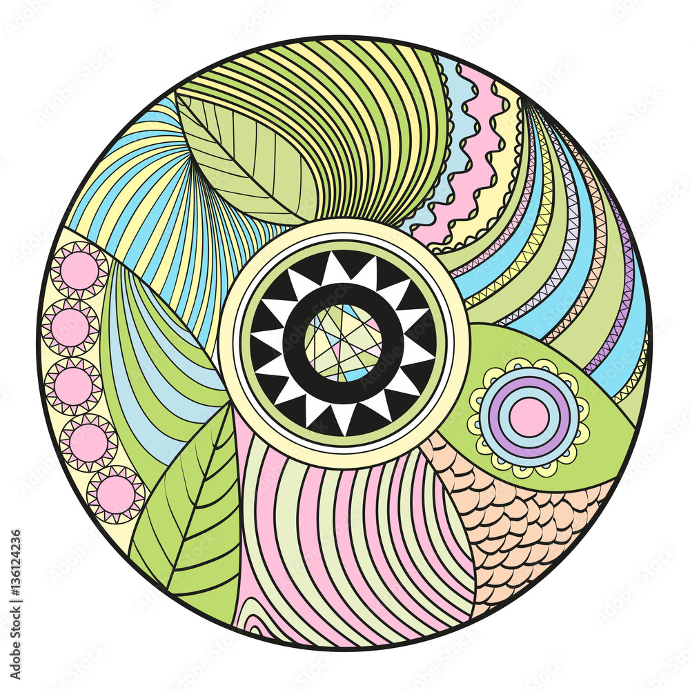 Zendala. Zentangle. Hand drawn circle mandala with abstract patterns on