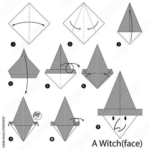 step by step instructions how to make origami A Witch(face).