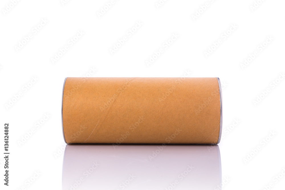 Obraz premium New brown round paper box with silver cap. Studio shot isolated