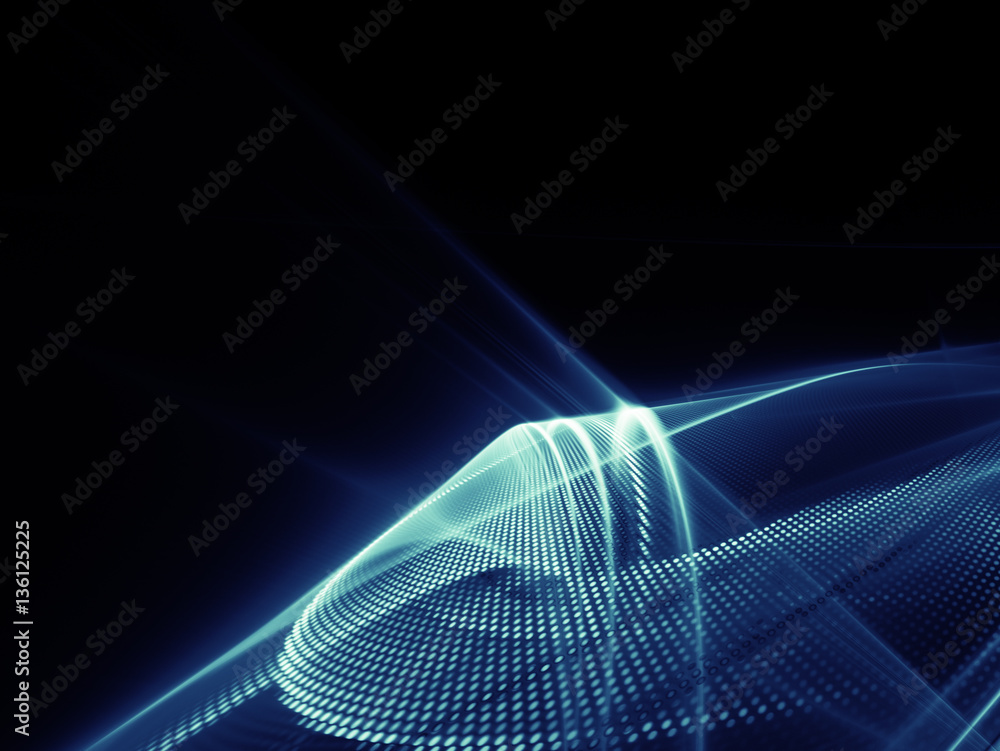 Abstract background element. Fractal graphics series. Three-dimensional composition of glowing lines and halftone effects. Information and energy concept. Blue on black. Abstract background element. Fractal graphics series. Three-dimensional composition of glowing lines and halftone effects. Information and energy concept. Blue on black.