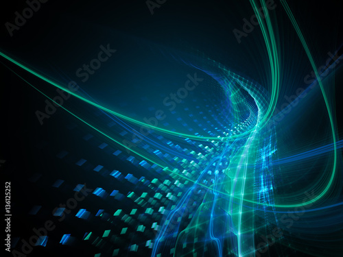 Abstract background element. Fractal graphics series. Three-dimensional composition of intersecting grids, lines and blurs. Information technology concept. Blue and black colors.