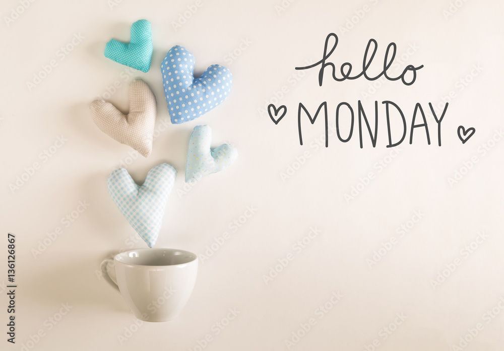 Hello Monday message with blue heart cushions Hello Monday message with blue heart cushions