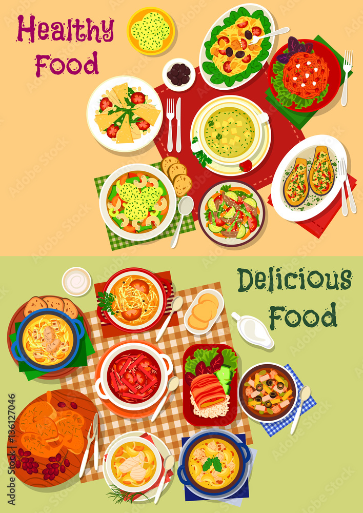 Russian cuisine soup and fresh salad icon set Russian cuisine soup and fresh salad icon set