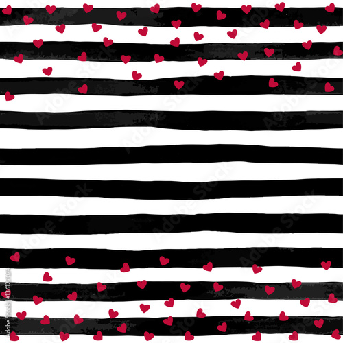 beautiful black and white watercolor striped background with red hearts.