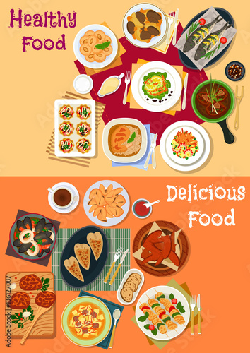 Seafood and meat dishes icon set for dinner menu