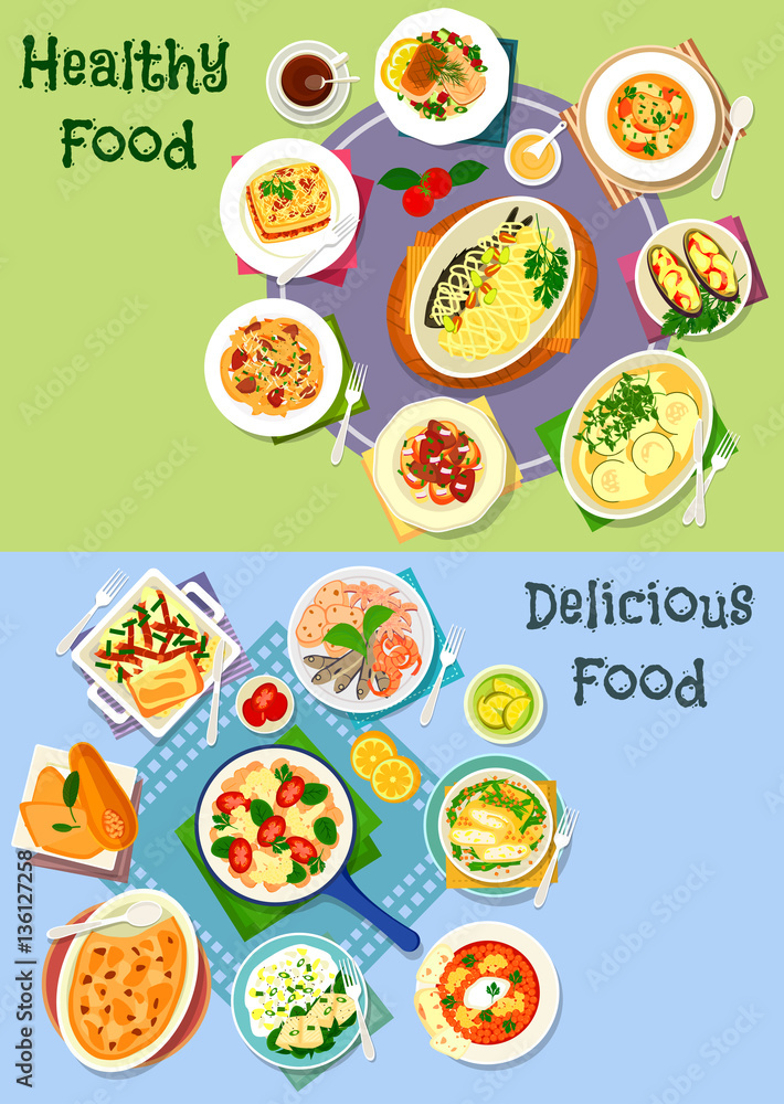 Nutritious dinner icon set for food theme design Nutritious dinner icon set for food theme design