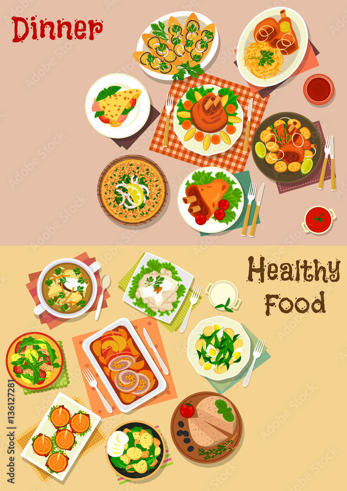 Meat dinner dishes with snacks icon set design